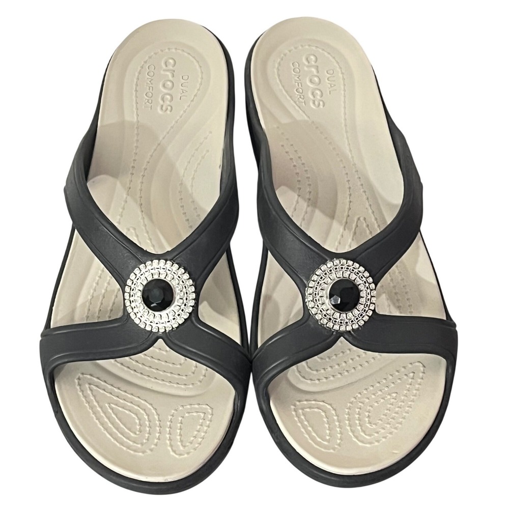 Crocs Sanrah Embellished Wedge Sandals Womens 11 Black Jeweled Medallion Strappy